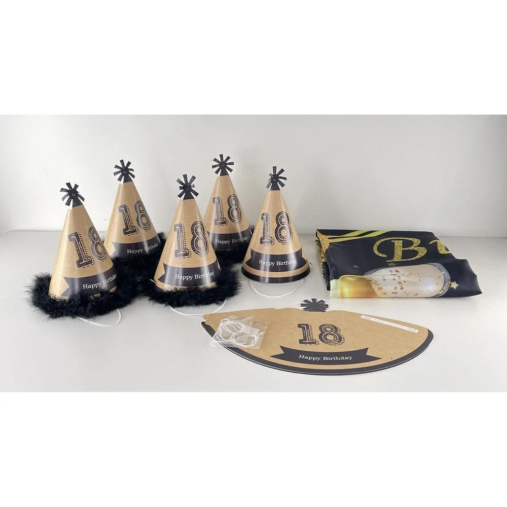 18th Birthday 6 Foot Banner And 8 Party Hats Partially Customized Black Gold Set